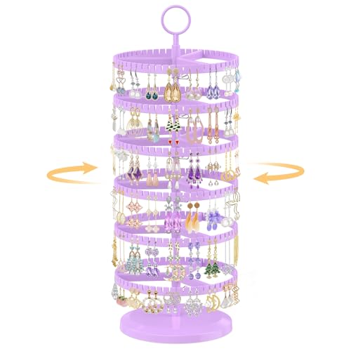 EsLuker.ly Earring Holder Organizer Rotating Stud Display Tree Rack with 342 U-Slots for Women, Large Adjustable 6 Tier Plastic Storage Stand with Metal Tray for Pierced Hoop Post Earring, Purple - color: Purple