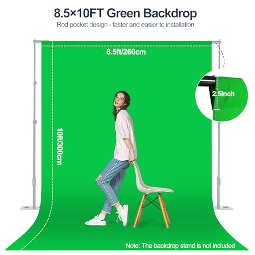 Green Screen Backdrop, 8.5×10FT Photography Chromakey Greenscreen Background Sheet for Zoom Meeting, Polyester Fabric Cloth Curtain for Photo Video Studio, Party, Live Streaming, Photoshoot - size: 8.5x10ft