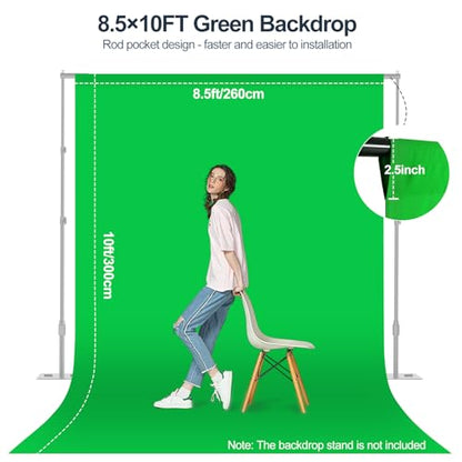 Green Screen Backdrop, 8.5×10FT Photography Chromakey Greenscreen Background Sheet for Zoom Meeting, Polyester Fabric Cloth Curtain for Photo Video Studio, Party, Live Streaming, Photoshoot - size: 8.5x10ft