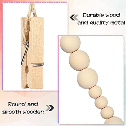 Jetec 2 Pieces Photo String with Clips, 4 Ft Boho Wooden Bead Garland Photo Display Frame for Dorm Room Bedroom Classroom Cubicle Decor, Hanging Picture Holder, Teacher Nurse Appreciation Gifts