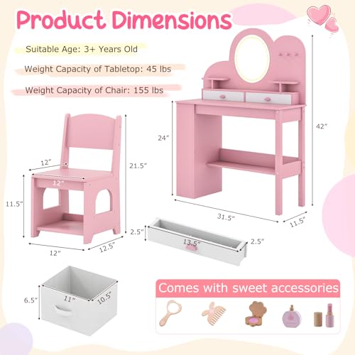 Costzon Kids Vanity, Girls Vanity Set with Lighted Mirror, Bookshelf, Drawers, Hooks & Storage Shelves, Toddler Makeup Vanity Desk Dressing Table, Wooden Kids Vanity Table and Chair Set (Pink) - style: Pink with Bookshelf
