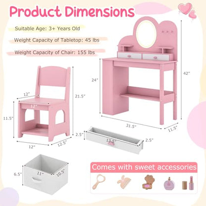 Costzon Kids Vanity, Girls Vanity Set with Lighted Mirror, Bookshelf, Drawers, Hooks & Storage Shelves, Toddler Makeup Vanity Desk Dressing Table, Wooden Kids Vanity Table and Chair Set (Pink) - style: Pink with Bookshelf