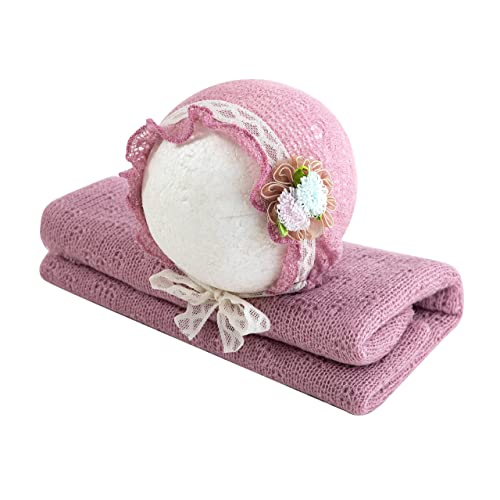 Coberllus Newborn Photography Props Girls Boys Fabric Bonnet Hat Cap & Wrap Blanket Posing Basket Stuffer Photoshoot Prop Set