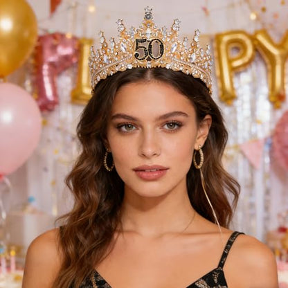 Birthday Crown for Women Crystal Princess Birthdays Tiaras Rhinestone Queen Headband Wedding Bridal Hair Accessories BirthdayProm Pageant Party Coming of Age Ceremony Photo Props - color: Gold-50