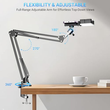 Overhead Phone Mount with Rechargeable Light for iPhone, Desk Tripod with Clamp for Content Creator Camera Recording, Top Down Holder Stand for Filming/Live/Cooking/Unboxing/Drawing/YouTube/TikTok