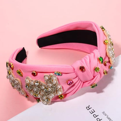 NVENF Easter Headband for Women Beaded Easter Rabbit Bunny Headbands White Pink Crystal Pearl Knotted Hairband Happy Spring Holiday Headwear Outfits Gifts (Rabbit B - Pink) - color: Rabbit B - Pink