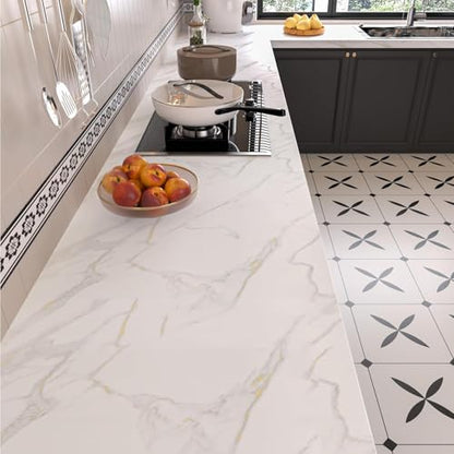 BAYYA 48"x158" Countertop Covers Peel and Stick Wallpaper Matte White Marble Contact Paper for Countertops Kitchen Counter Top Vinyl Wrap Gold/Gray Granite Wrapping Wall Paper Adhesive Table Top Cover - color: White, size: 48" x 158"