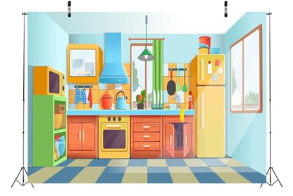 10x6.5ft Fabric Cartoon Kitchen Background Baking Cooking Party Decorations Kitchen Backdrops for Photography Bake Class Banner Baby Children Photoshoot Photo Props - size: 10x6.5ft