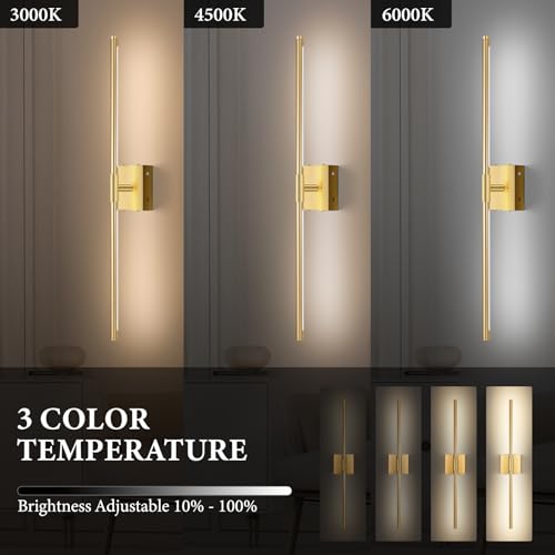 SAIMAND Wall Sconces Set of Two Battery Operated, Wireless USB Rechargeable Wall Lights with Remote, 8000mAh Dimmable LED 3 Color Dimmable Living Room for Bedroom,Hallway,Picture Lamp(30in Gold) - color: Gold