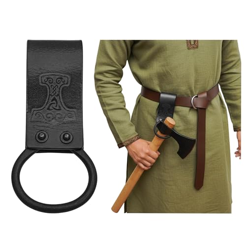 Lord of Battles Medieval Genuine Leather Axe Frog | Axe Holster with Belt Loop | Waist Holder for Axes, Tools - color: Mjolnir - Black