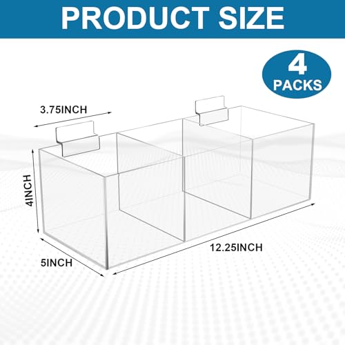 Suzile 4 Pack Clear Slatwall Acrylic Retail Tray 3 Compartment Dump Bin Acrylic Storage Caddy Product Storage Display Tray Slatwall Shelves Organizer for School Business Shop (12.25" W X 5" D X 4" H)