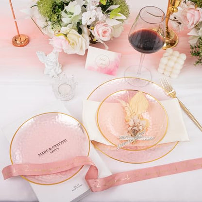 Rubtlamp 60Pcs Pink Plastic Plates,Clear Pink Plates With Gold Rim,Hammered Gold Plates Include 30Pink Plastic Dessert Platos, 30Gold Dinner Platos For Party - color: Clear Gink Gold
