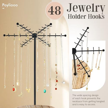 Poyilooo Necklace Holder Jewelry Stand, Rotating Necklace Holder Organizer with 48 Hooks for Necklace Earring Keychains Bracelet Display Stand, Metal Necklace Tree Stand -Gifts for Women (Black) - color: Black