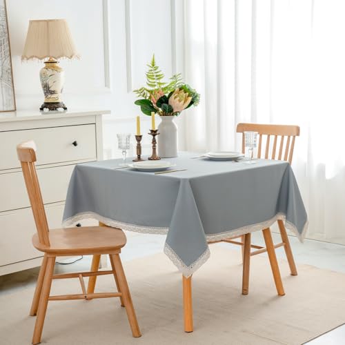 EHouseHome Faux Linen Tablecloth with Lace Trim - Waterproof/Spill Proof/Stain Resistant/Wrinkle Free/Oil Proof - for Banquet, Parties,Dinner,Kitchen,Wedding,Holiday,Blue Fog,Square 52X52Inch - color: Blue Fog, size: 52" x 52" (Square)