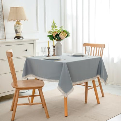 EHouseHome Faux Linen Tablecloth with Lace Trim - Waterproof/Spill Proof/Stain Resistant/Wrinkle Free/Oil Proof - for Banquet, Parties,Dinner,Kitchen,Wedding,Holiday,Blue Fog,Square 70X70Inch - color: Blue Fog, size: 70" x 70" (Square)