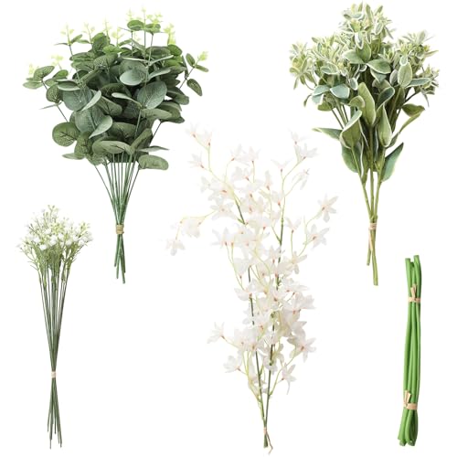 Floroom Artificial Greenery Stems Box Set, 25pcs with 4 Kinds of Faux Greenery Flowers Picks for DIY Bridal Bouquets Wedding Floral Arrangement Table Centerpieces, Tender Green & Sage Green - color: Tender Green & Sage Green