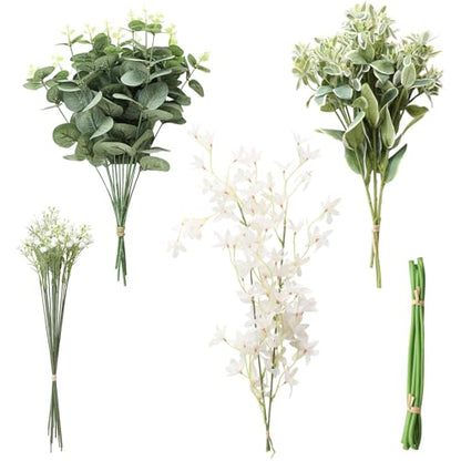 Floroom Artificial Greenery Stems Box Set, 25pcs with 4 Kinds of Faux Greenery Flowers Picks for DIY Bridal Bouquets Wedding Floral Arrangement Table Centerpieces, Tender Green & Sage Green - color: Tender Green & Sage Green