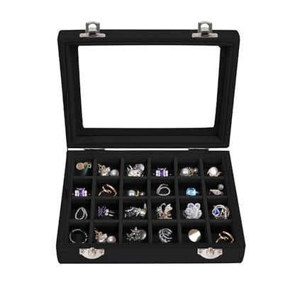 Velvet Jewelry Box 24 Grid Jewelry Earrings Display Organiser Box Ring Tray Holder Earrings Storage Case for Girls Women Wife Mom (Black) - color: Black
