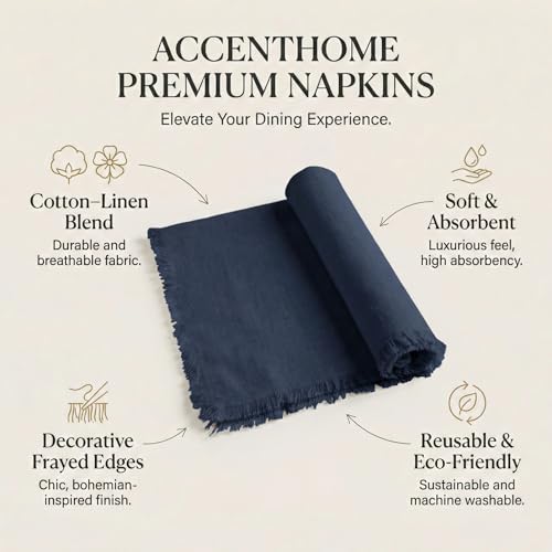 ACCENTHOME Navy Cotton Linen Napkin Set of 12 18x18 inch Dinner Napkins - Washable Soft Premium Hotel Quality Reusable Hemmed Edges Napkins Perfect Table Linens for Family Dinners, Weddings - color: 09 - Navy, size: 18"x18" - Pack of 12