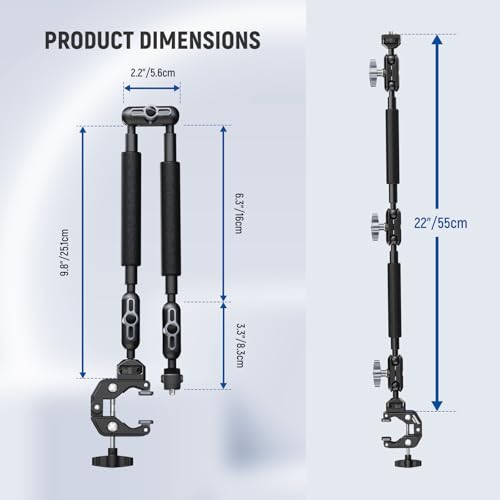 NEEWER Magic Arm Camera Mount, Overhead Desk Phone Mic Stand Holder, 22" Articulating Boom Arm C Clamp 1/4" 3/8" Threads for ARRI for Microphone Webcam Action Camera Video Light, Cleaning Cloth, UA057 - style: UA057 w/Cleaning Cloth