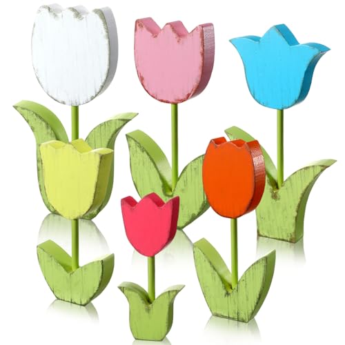 Kigley 6 Pcs Retro Spring Tulips Wood Signs Rustic Farmhouse Tulip Table Centerpiece Multicolor Floral Block Tabletop Signs Spring Decoration for Home Mantel Table Tiered Tray Decor