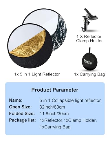 Selens Portable 32inch/80cm Light Reflector with Clamp,5 in 1 Collapsible Multi Disc Photography Reflector Translucent,Silver,Gold,White,Black for Studio Photography Lighting and Outdoor Lighting - size: 5 in 1 32inch With Clamp