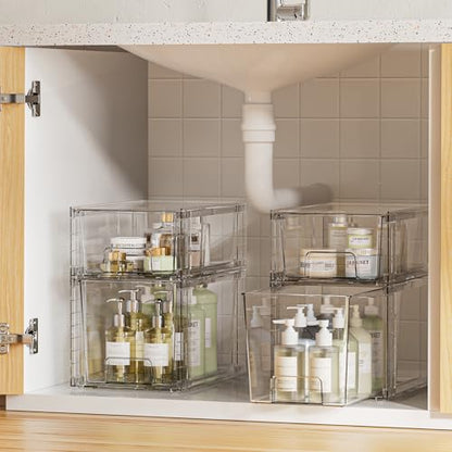 Vtopmart 6 Pack Clear Stackable Storage Drawers,Easy to Assemble Bathroom Organizers and Storage with handles,Plastic Drawers for Kitchen Pantry,Cabinet,Under Sink Organization - style: 3 Medium+3 Small