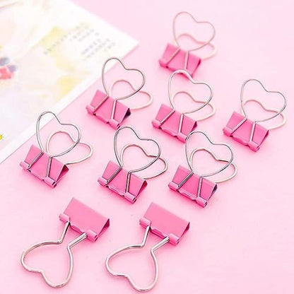 10 Pcs Pink Heart Hollow Out Metal Binder Clips - Notes, Letter, Paper Clamps, Home School Office Supplies