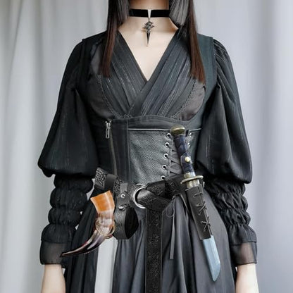 4PCS Medieval Leather Sword Frog Dagger Holder Belt Rapier Scabbard Viking Knight Renaissance Belt Pouch Halloween Costume - color: Pattern-black