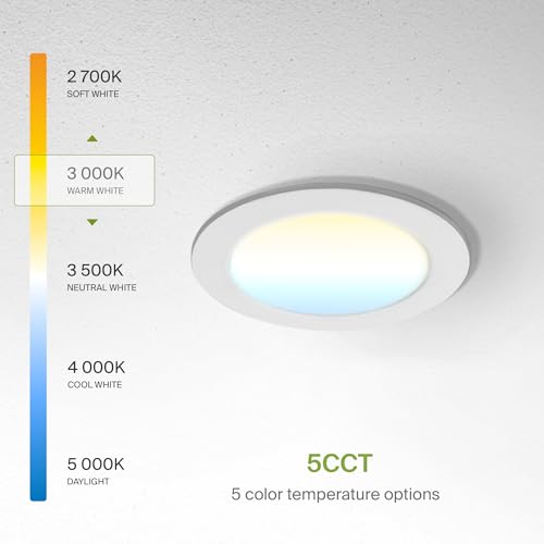 ASD 6 Pack LED Recessed Lighting 4 Inch 12W, 5 CCT 2700K-5000K CRI90+, IC Rated Ultra Thin Dimmable Ceiling Lights with J Box, Canless Wafer Downlight, Round Slim Panel Light, Energy Star ETL, White - color: White, size: 4 Inch 6 Pack