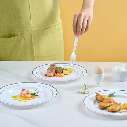 JOLLY CHEF 100 Pieces Silver Plastic Plates, 10 Inch Disposable Plates White Plate with Silver Rim, Heavy Duty Plastic Plates for Christmas, Birthdays and Weddings - style: Silver-100