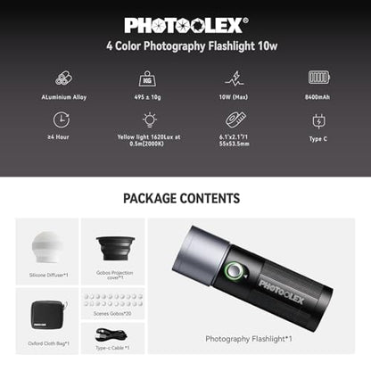 PHOTOOLEX 4 Colors Photography Flashlight with 20 Magnetic Pattern Gobos, 8400mAh Portable Spotlight, 10W LED Studio Light for Photo, Content Creation Accessories