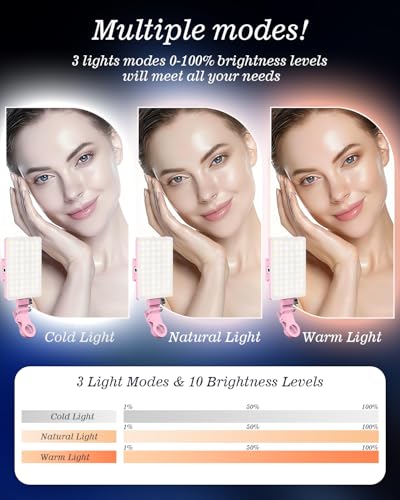 60 LED Portable Selfie Light Video Conference Lighting with Clip & Camera Tripod Adapter Rechargeable 2000mAh CRI 97+, 3 Light Modes for Phone iPhone Webcam Laptop Photo Makeup (Pastel Pink)