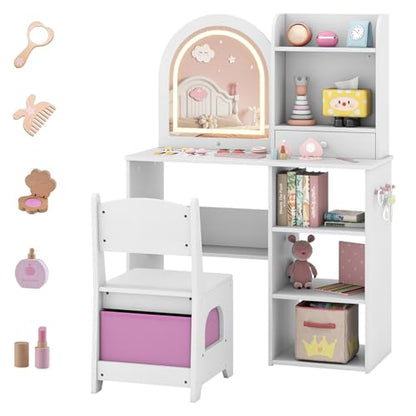 Costzon Kids Vanity with Lights, Girls Vanity Set with Mirror, Storage Drawer, Hooks & Shelves, Toddler Makeup Vanity Desk Dressing Table, Wooden Kids Vanity Table and Chair Set (White) - style: White with Open Shelves