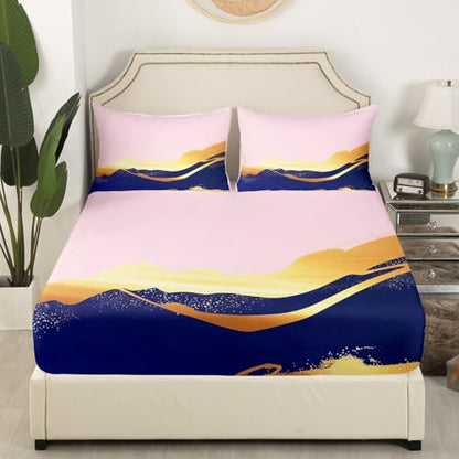 Feelyou Pink Navy Blue and Gold Bed Sheets Set Pink Gold Abstract Art Fitted Sheet Modern Marble Aesthetic Bedding Set for Boys Girls Abstract Art Bed Cover Full Size with 2 Pillow Case - color: Multi 16, size: Full