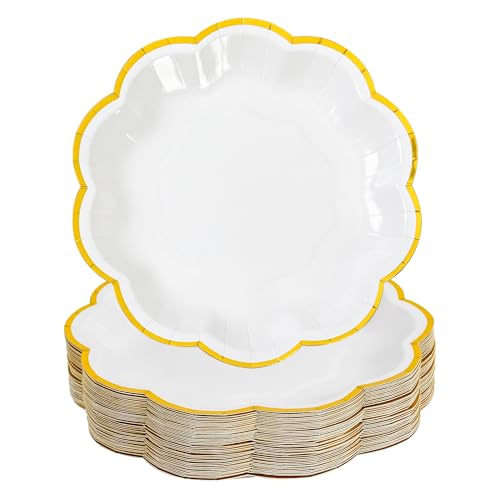 AimFun White Golden Party Plates Gold Foil Dessert Paper Plate 7inch Scalloped Edge Disposable Cake Plates for Tea Party Birthday Bridal Baby Shower Wedding Party Supplies (48, White) - color: White