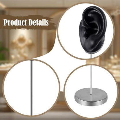 Silicone Ear Model Earring Jewelry Display Teaching Tool Prop Stainless Steel Holder Stand for Retails Girls Women Photos, Black Left