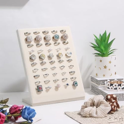 Ring Display Stand, Velvet Ring Holder, 50 Slots Rings Organizer Jewelry Display Tray, L-Shaped Jewelry Organizer Stand for Rings Earrings Selling (2, Beige) - color: Beige