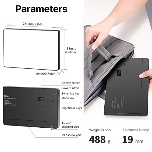 ULANZI LT003 RGB Video Light, 15W Portable LED Panel with 2100 Lumens, 10" Video Light Dimmable 2500K-9000K, Built-in 8000mAh Battery and USB Charger, CRI>95 for DSLR Camera Video Photography - size: 10 inch