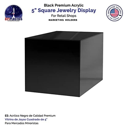 2 Pack 5" Acrylic Display Riser Box with One Open Side No Lid Versatile Preassembled Glossy Black Square Lucite Retail Product Platform or Merchandise Storage Bin by Marketing Holders - size: 5"w x 5"h Black