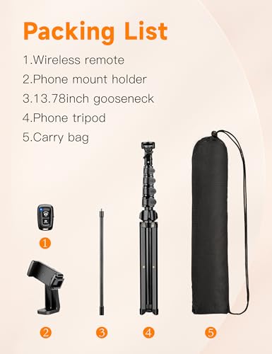 Phone Tripod, 86" Tall Tripod for iPhone with Flexible Gooseneck & Remote, Portable Aluminum Cellphone Stand for Selfies, Video Recording,Travel, Compatible with iPhone Android - size: 86 Inch
