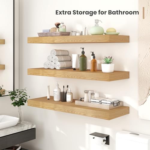 Heimlove 12 Inch Deep Floating Shelves, 12 x 12 inches Long Wall Shelf, Large Extra Display Shelf & Storage Shelf, Rustic Wood Wall Shelves for Fireplace Mantel, Oak - 2Pack - color: Oak, size: 12"W x 12"D x 2"H, Set of 2