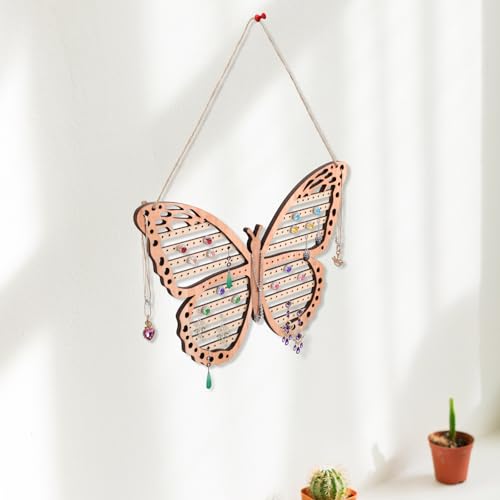 Wood Butterfly Earring Holder for Girls, Rustic Mount Hanging Earring Holder Wall Jewelry Organizer for Necklace Display Women Vendor Events,Craft Home Decor Gift,11 x 11 IN
