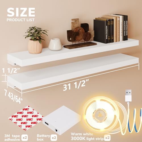 BAMEOS Floating Shelves with LED Lights, 31" White Wall Mounted Wooden Shelves with Invisible Brackets, Set of 2, Hanging Wall Shelves for Bedroom, Bathroom, Living Room and Kitchen Decoration - color: White-cob, size: 31 x 7