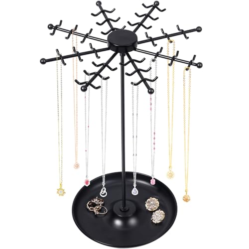 Rotating Necklace Holder Jewelry Stand, Gold Necklace Organizer Display with 48 W-shaped Hooks,Jewelry Organizer for Necklaces Earrings Rings Storage Tree, Presents for Women - color: black-1pcs