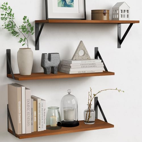Forbena Walnut Brown Wall Bookshelf, 24 x 8 Inch Floating Bookshelves Set of 3, Large Floating Book Shelves for Bedroom, Long Wooden Wall Shelving Unit for Living Room Office Closet Storage (Walnut) - color: Walnut, size: 24 Inches