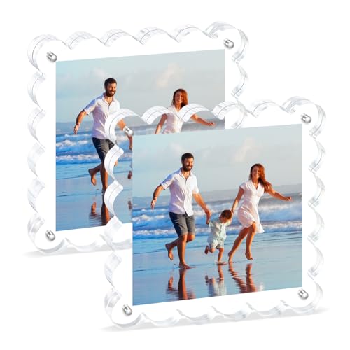 Acrylic Picture Frames .5×5inch 2Pack - Double-Sided Scalloped Photo Frame, 20mm Ultra-Clear Block, Modern Desktop Display for Home/Office Decor (2 Pack, 5X5) - color: 2 Pack, size: 5X5