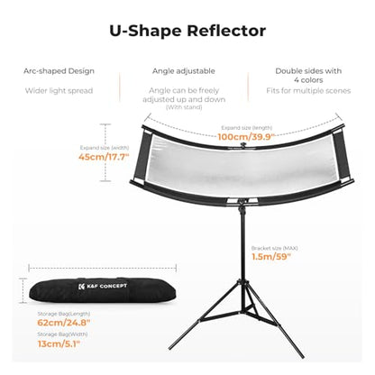 K&F CONCEPT U-Shape Reflector Curved Reflector 100x45cm with 4-in-1 Reflective Fabric, Black/Gold/White/Silver, with 1.5m Stand, with Storage Bag, for Photography Studios - size: 39.3*17.7inch