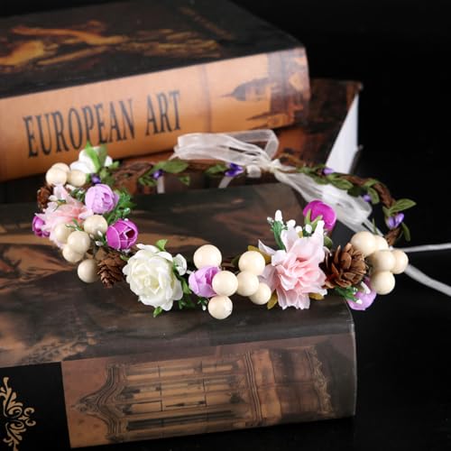 Adjustable Flower Crown Headband for Women - Floral Garland Hair Wreath with Crystal Accents Perfect for Weddings Flower Wands Photo Props (Pink White Flower, Adjustable) - color: Pink White Flower