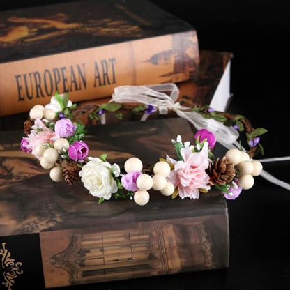 Adjustable Flower Crown Headband for Women - Floral Garland Hair Wreath with Crystal Accents Perfect for Weddings Flower Wands Photo Props (Pink White Flower, Adjustable) - color: Pink White Flower